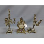 A late 19th Century French enamelled brass clock with matching candelabras. (a/f).