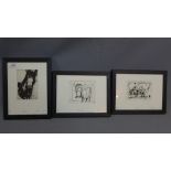 A set of three etchings of farm animals, a pig, a mule and a bull. Signed artists proofs by C Burn.