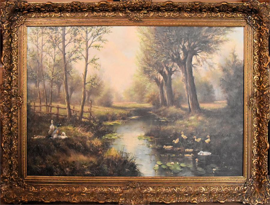 Oil on board of a river in a country scene in a gilt frame