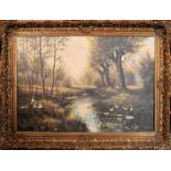 Oil on board of a river in a country scene in a gilt frame