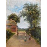 Oil on board children in country scene with a thatched house