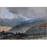 A watercolour of a mountainous landscape scene