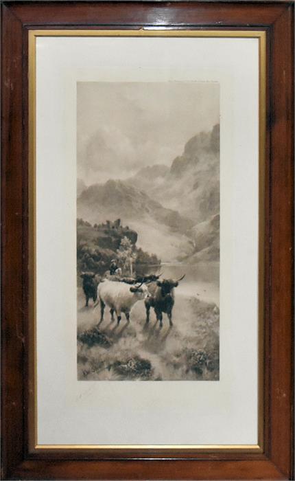 Two black and white prints of Highland Cows with a mountainous landscape - Image 2 of 5