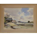 John H Nicholson, a watercolour depicting beached boats titled, 'St Just in Roseland' Cornwall, sign