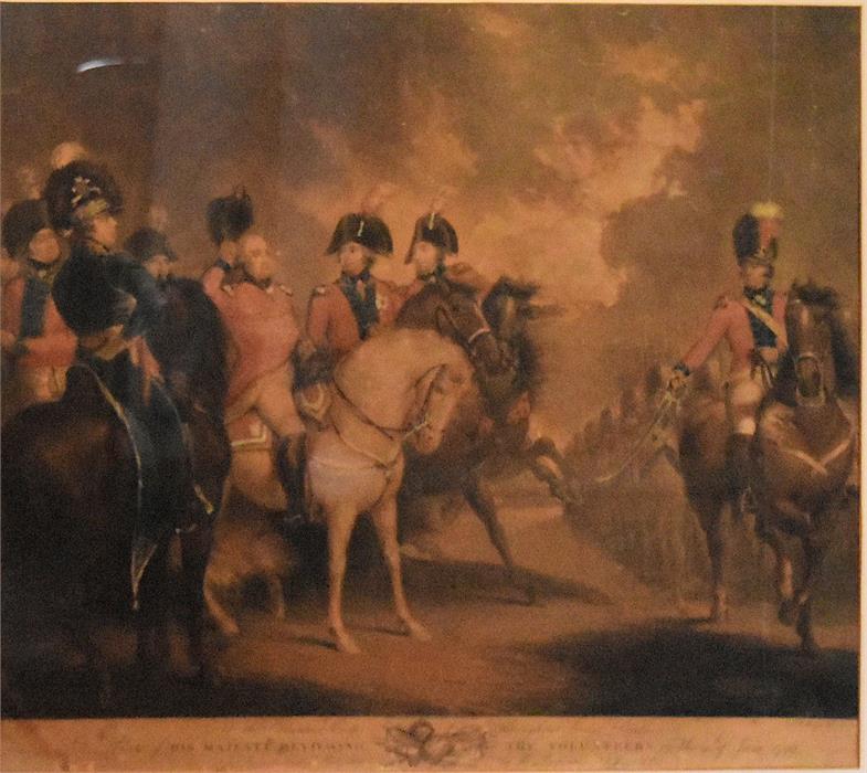 A coloured etching print of His Majesty viewing the Volunteer Guards