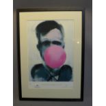 A signed limited edition print of a boy blowing a bubble gum bubble by C.Burns.