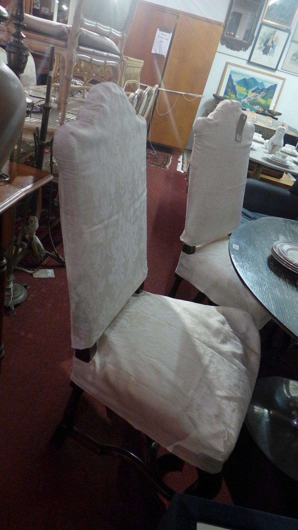 Five American dining chairs, carved mahogany frame, cream upholstery,