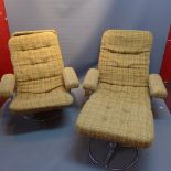 A pair of mid 20th Century arm chairs on chrome supports together with matching footstool.