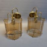 A pair of art deco style brass ceiling lights with lilac glass panels having tree decoration (a/f)