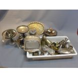 A large collection of silver plated items to include a pair of tazza's, trays, tankards,