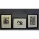 3 animal etchings, signed of a hyena, elephant and kangaroo by C.Burns.