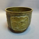 A 20th Century Chinese brass jardiniere with flora and fauna decoration.