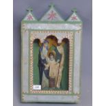 An early 20th century religious painted wooden icon depicting Mary Joseph and Jesus.