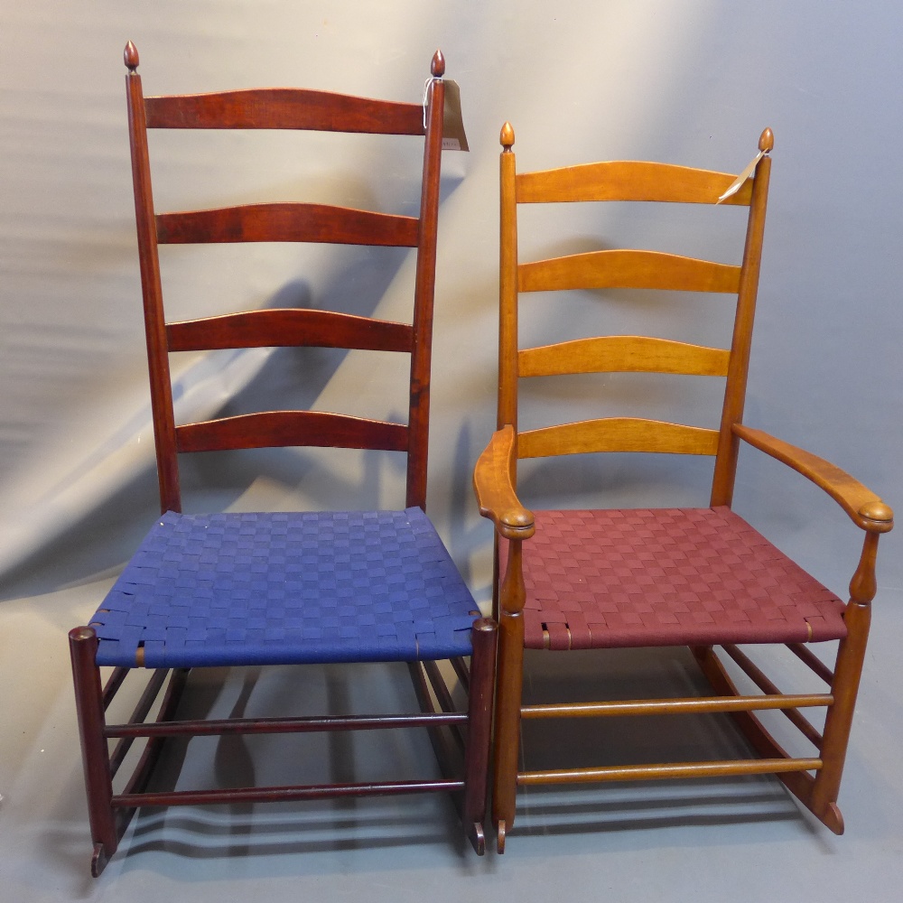 A Shaker’s rocking chair, ladder back, blue woven seat, together with one other rocking chair.