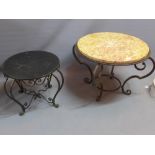 A marble top coffee table raised on wrought iron base together with a small example.