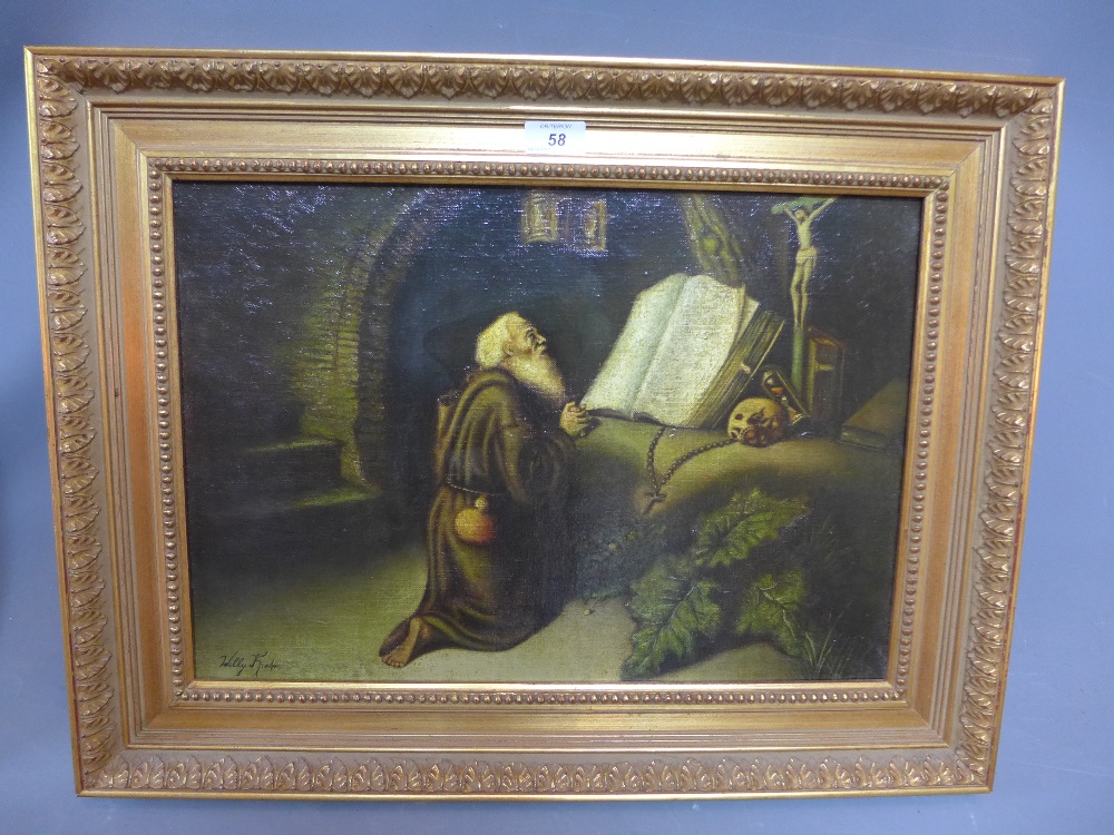 Willy Krake, an oil on canvas depicting a praying monk. Signed lower left.