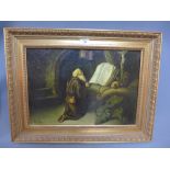 Willy Krake, an oil on canvas depicting a praying monk. Signed lower left.