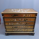 A 20th Century Chinese black lacquered chest of five drawers with flora and fauna decoration with