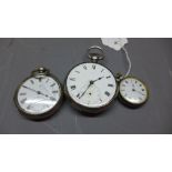 Two silver pocket watches together with a silver plated example. (a/f).