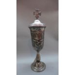 A Third Reich silver plated chalice and cover with eagle crest to centre,