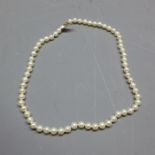 A pearl necklace, with yellow metal clasp stamped 585.