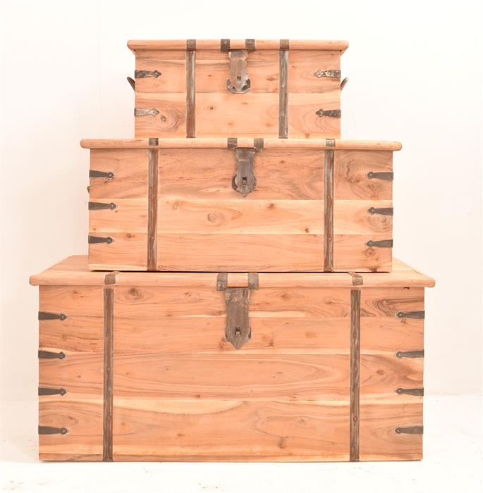 A set of three Teak wood Indian trunks, Goa Style