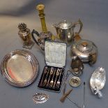 A collection of silver plate to include two coffee pots, a tea pot,