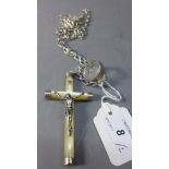 A silver and mother of pearl cross on white metal chain together with a white metal signet ring