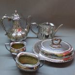 Victorian and later silver plate to include embossed teapots and gadrooned sugar pot and cream jug