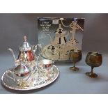 A silver plate tea set and tray together with two silver plate goblets