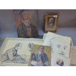 A mixed lot of watercolours, and pencil sketches, head and shoulder portraits, signed Music, lamb,