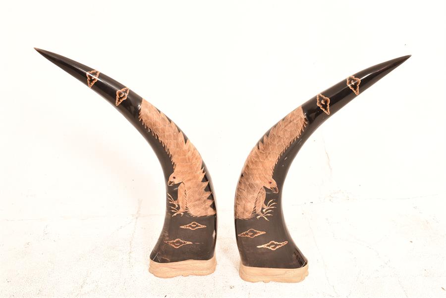 Carved Buffalo Horns, Unique - Image 3 of 4