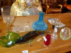 A collection of glass to include a fish, 3 vases, two candlesticks,