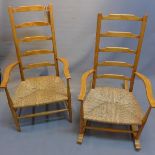 A 20th Century apple and pear wood armchair with rush seat and matching rocking chair.