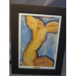 A Modigilani print of an abstract female nude.