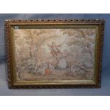 A 19th Century Gainsbourgh style framed tapestry of a boy on a swing.