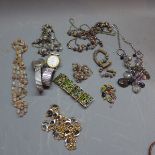 A quantity of costume jewellery to include white metal bracelet and necklaces and two wristwatches.