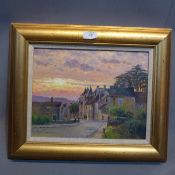 A 20th Century oil on board depicting a sun set street scene indistinctly signed, 33cm x 26cm.