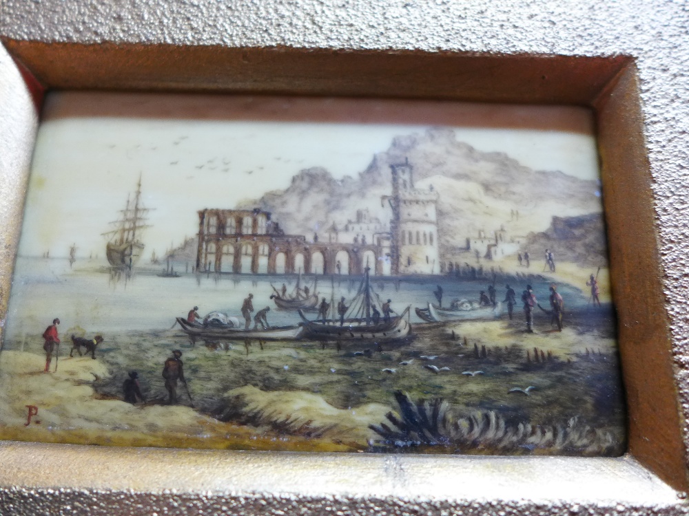 An 18th Century ivory plaque hand painted with figures and boats in a coastal scene. - Image 2 of 2