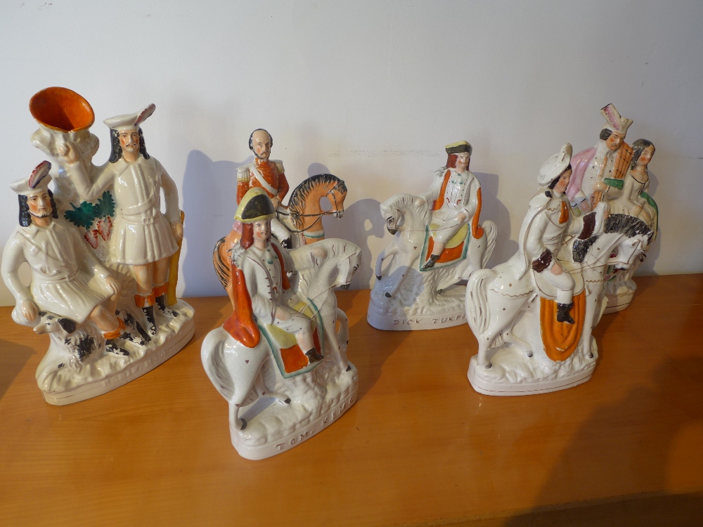 A pair of Staffordshire figures on horseback, 'Dick Turpin' and 'Tom King,