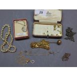 A small collection of jewellery to include a Victorian yellow metal hat pin.