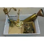 A collection of brass items to include lamps
