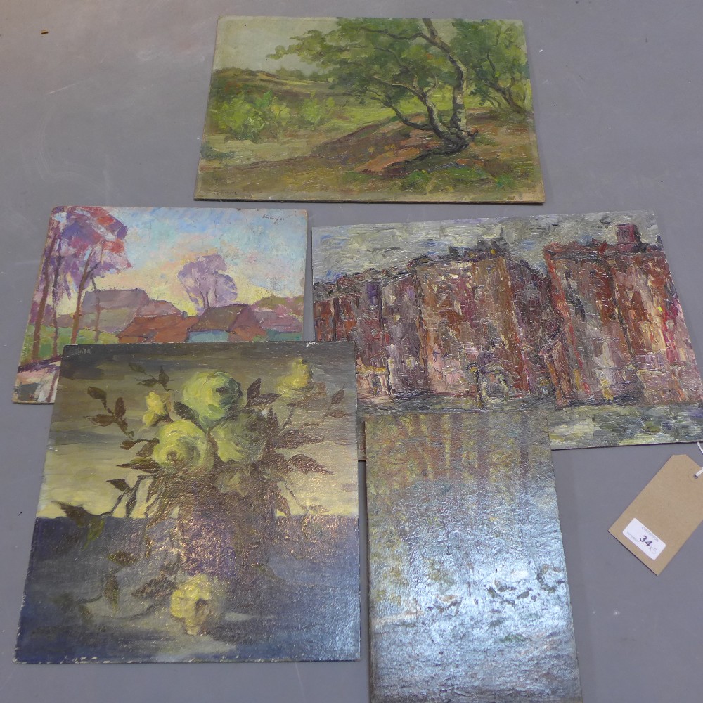 Five early 20th Century oil on panels (5), various signatures.