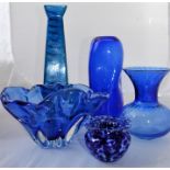 Collection of five blue art glass