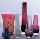 Six art glass purple vases