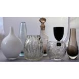 Collection of five art glass vase including Royal Dolton, one glass and a glass decanter