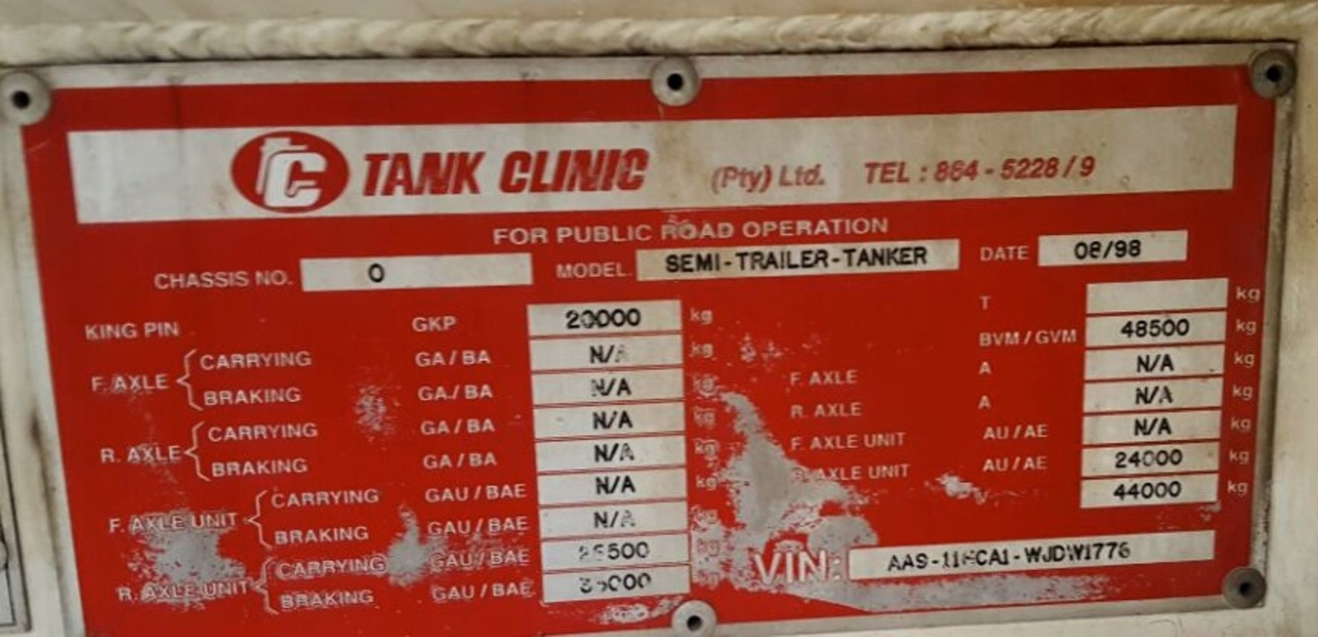 1998 TANK CLINIC TRI-AXLE ALUMINIUM FUEL TANKER TRAILER - (HCG246GP) - Image 2 of 3