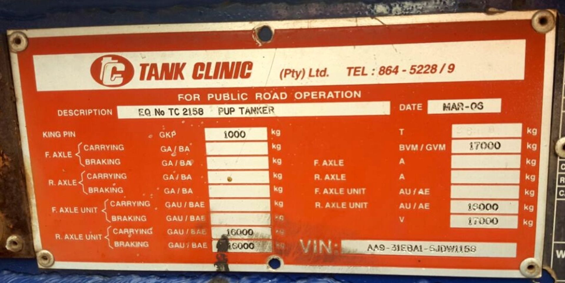 2006 TANK CLINIC D/AXLE ALUMINIUM FUEL PUP TANKER TRAILER - (TLG581GP) - Image 2 of 3