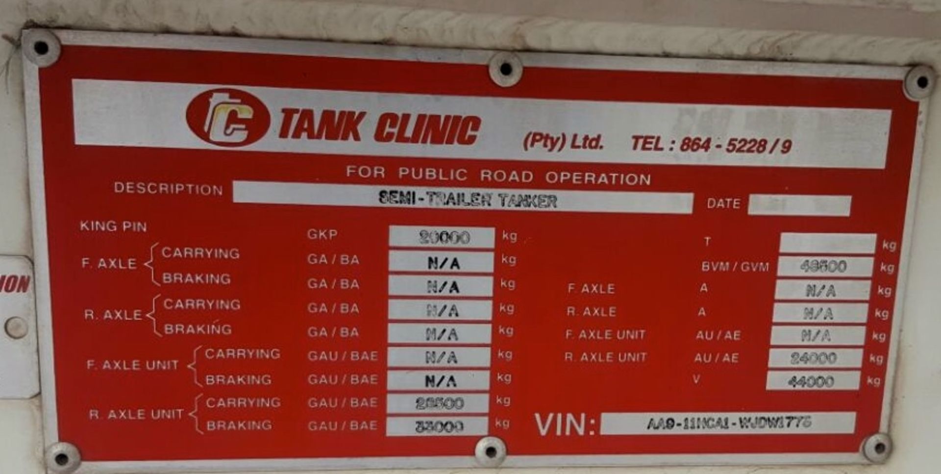 1998 TANK CLINIC TRI-AXLE ALUMINIUM FUEL TANKER TRAILER - (HBD988GP) - Image 2 of 3