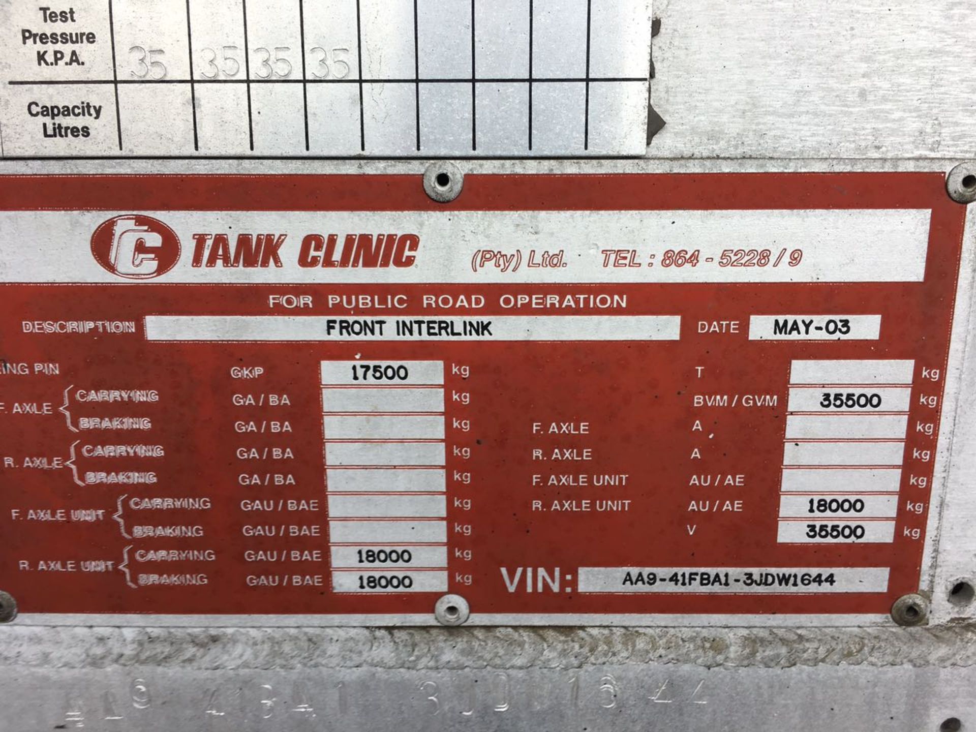 2003 TANK CLINIC INTERLINK ALUMINIUM TANKER TRAILER - (ND58158/ND53701) - (LOCATION: KZN) - Image 2 of 6